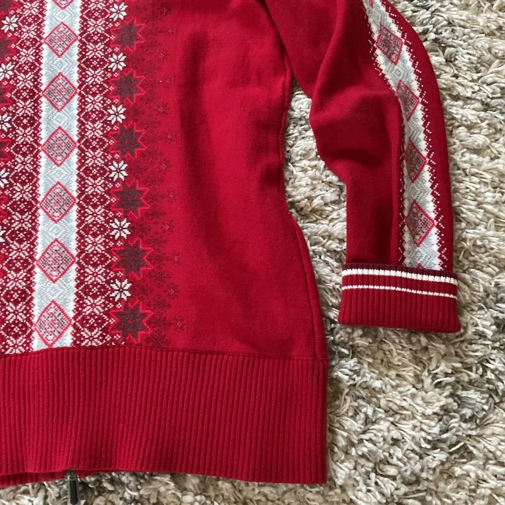Eddie Bauer Womens Red Fair Isle Full Zip Nordic Snowflake Sweater Mock‎ Neck L